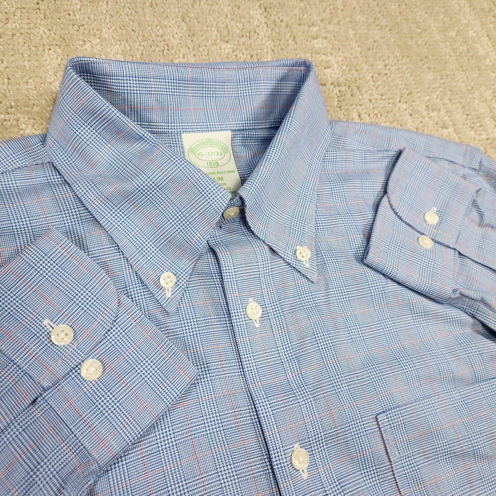 Brooks Brothers Shirt Men 15 Slim Fit Blue Glen Check Plaid Non Iron Button Down